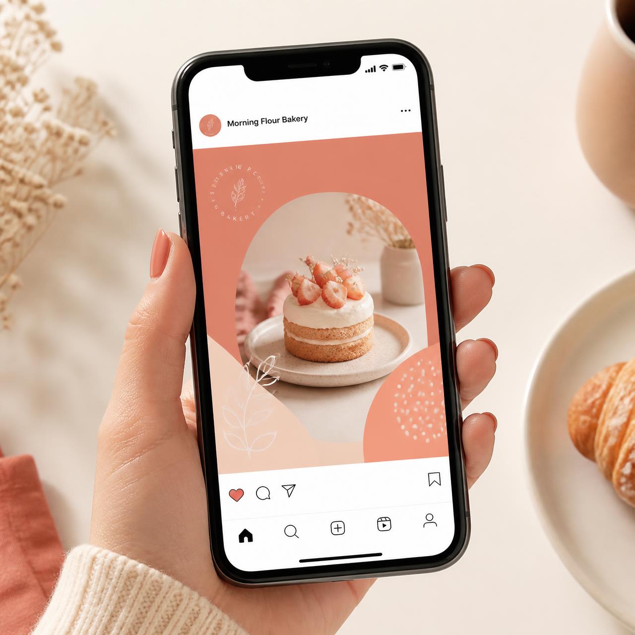 Celular exibindo um post pronto criado para uma confeitaria